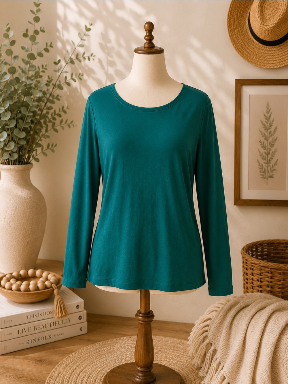 Talbots Teal-Deep Green Long Sleeve Crewneck Top Size L